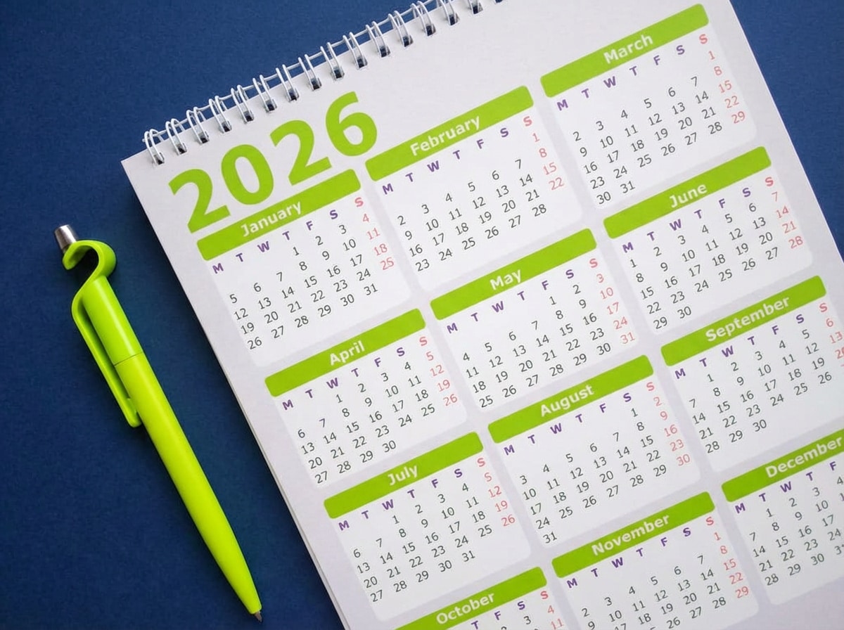 Image of a 2026 calendar on a navy blue background, with an acid green pen next to it