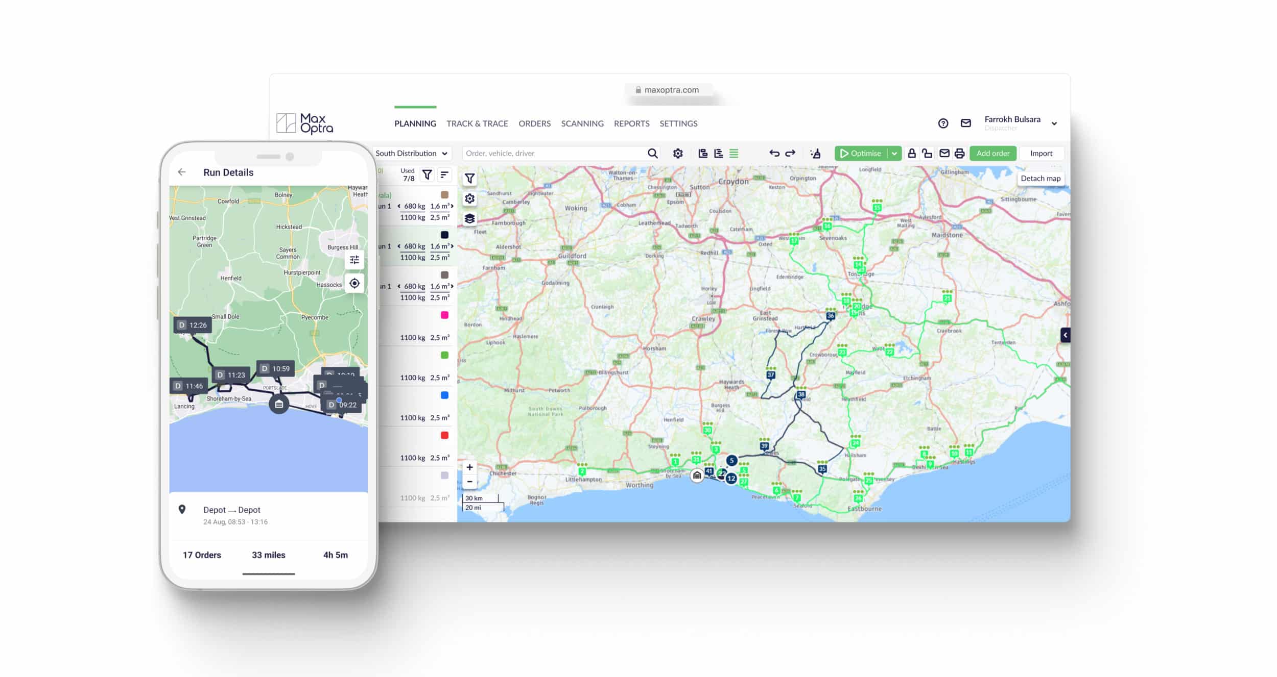 Image of the MaxOptra route planner on desktop and mobile devices
