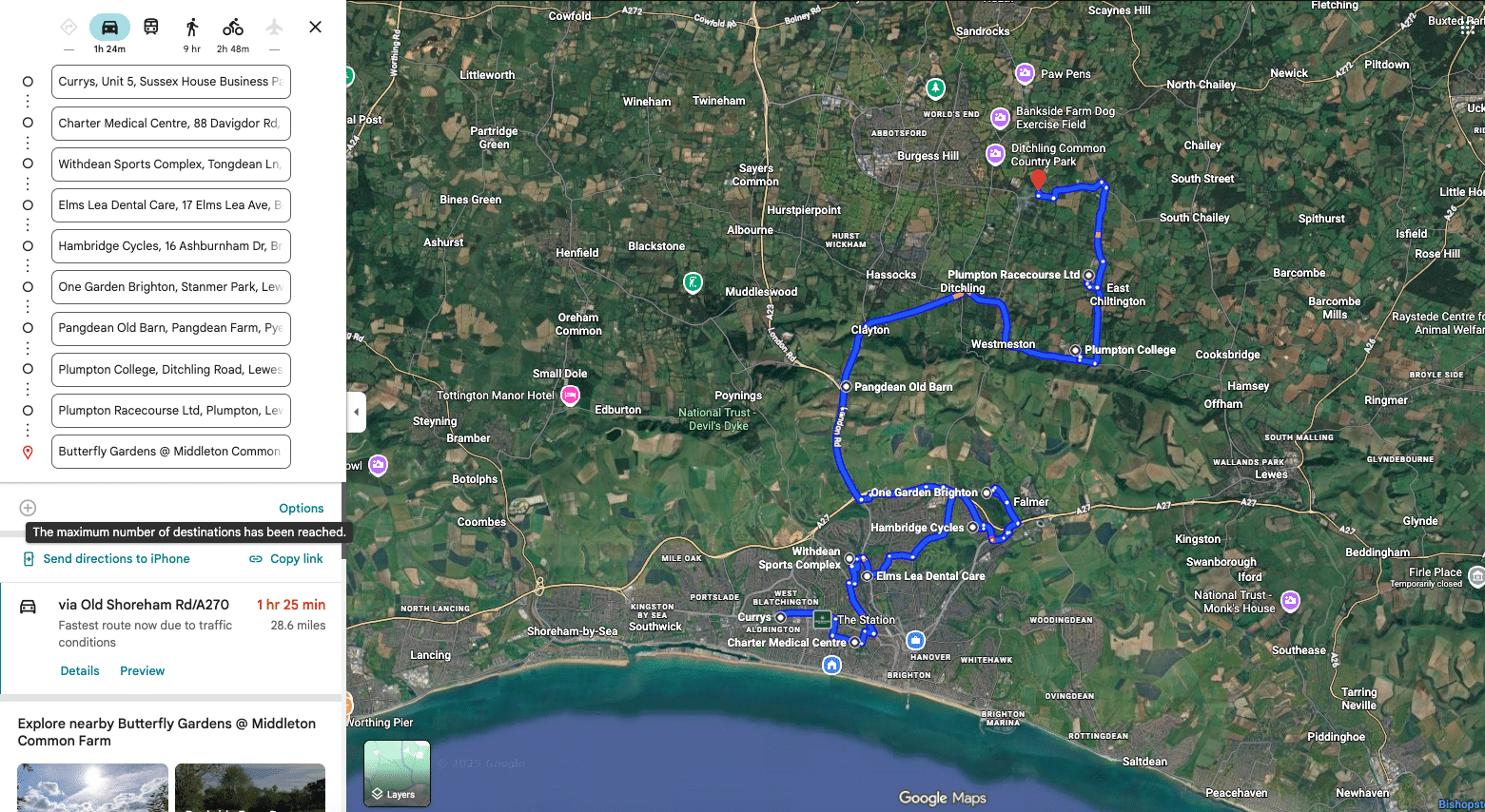 An image of Google Maps being use for route optimisation. 10 stops have been added to the route, which highlights that the maximum number of destinations has been reached.