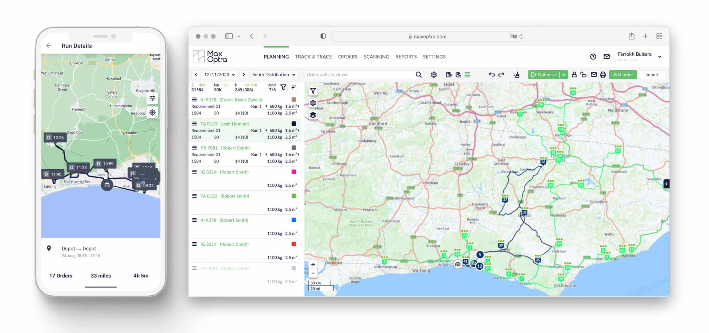 Image of the MaxOptra route planner on desktop and mobile devices