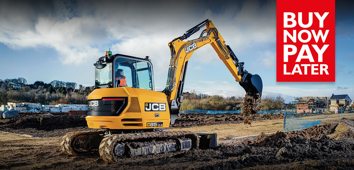 A JCB digger at work, text reads "Buy now pay later"