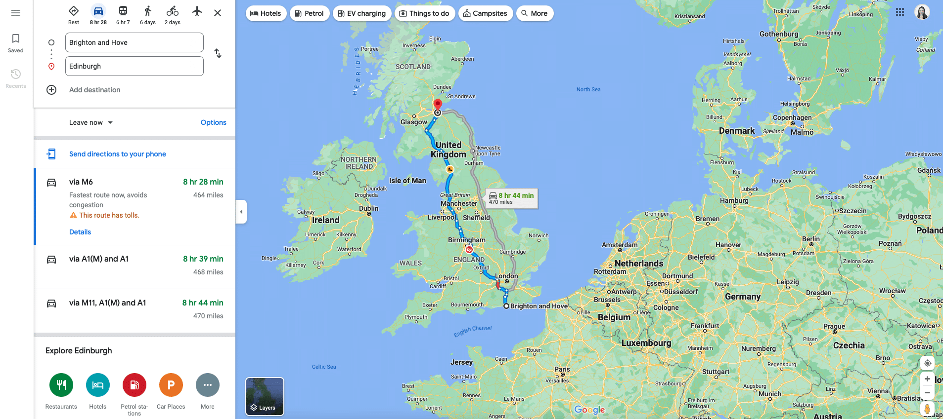 Screenshot of Google Maps showing driving route options from Brighton to Edinburgh