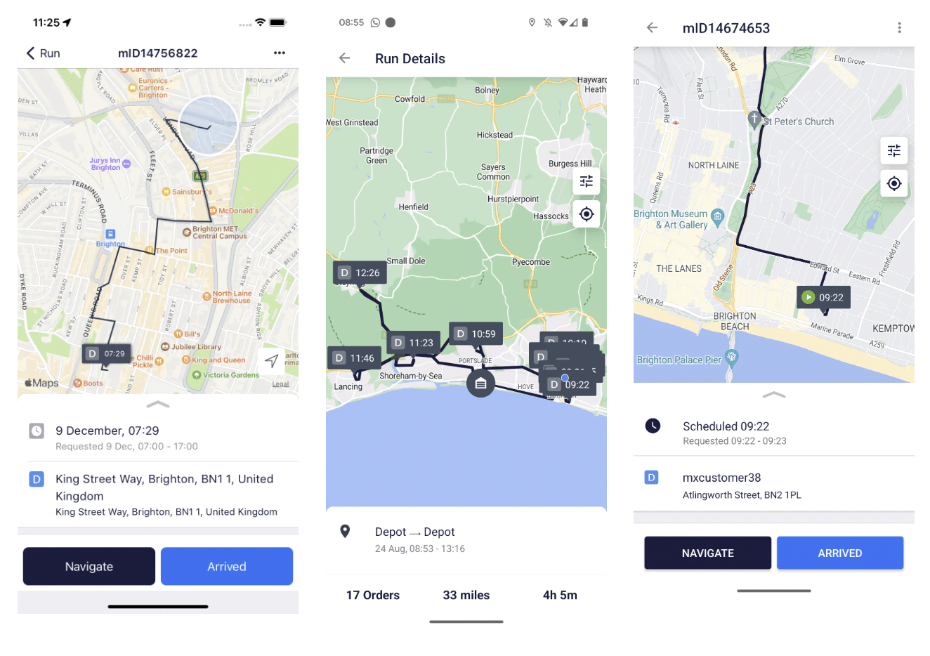 Series of three images showcasing the MaxOptra Driver App, and routes/deliveries on a map