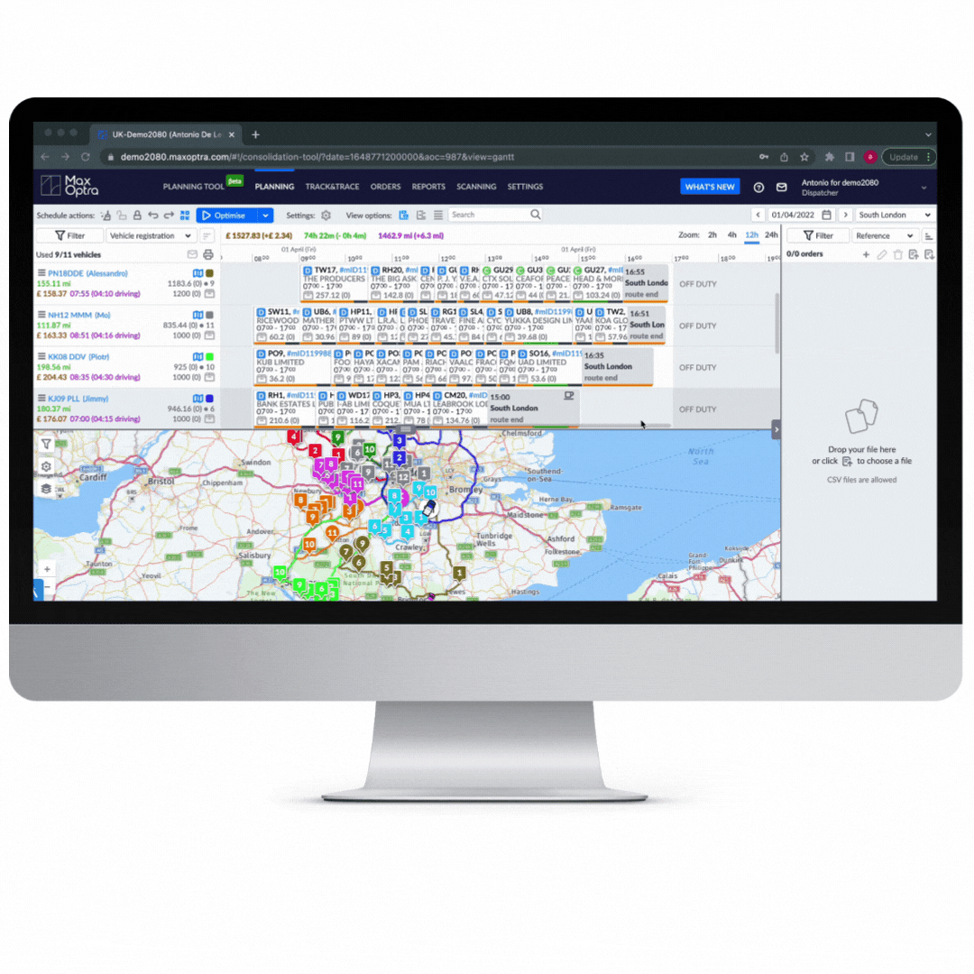 imac screen displaying maxoptra route optimisation software