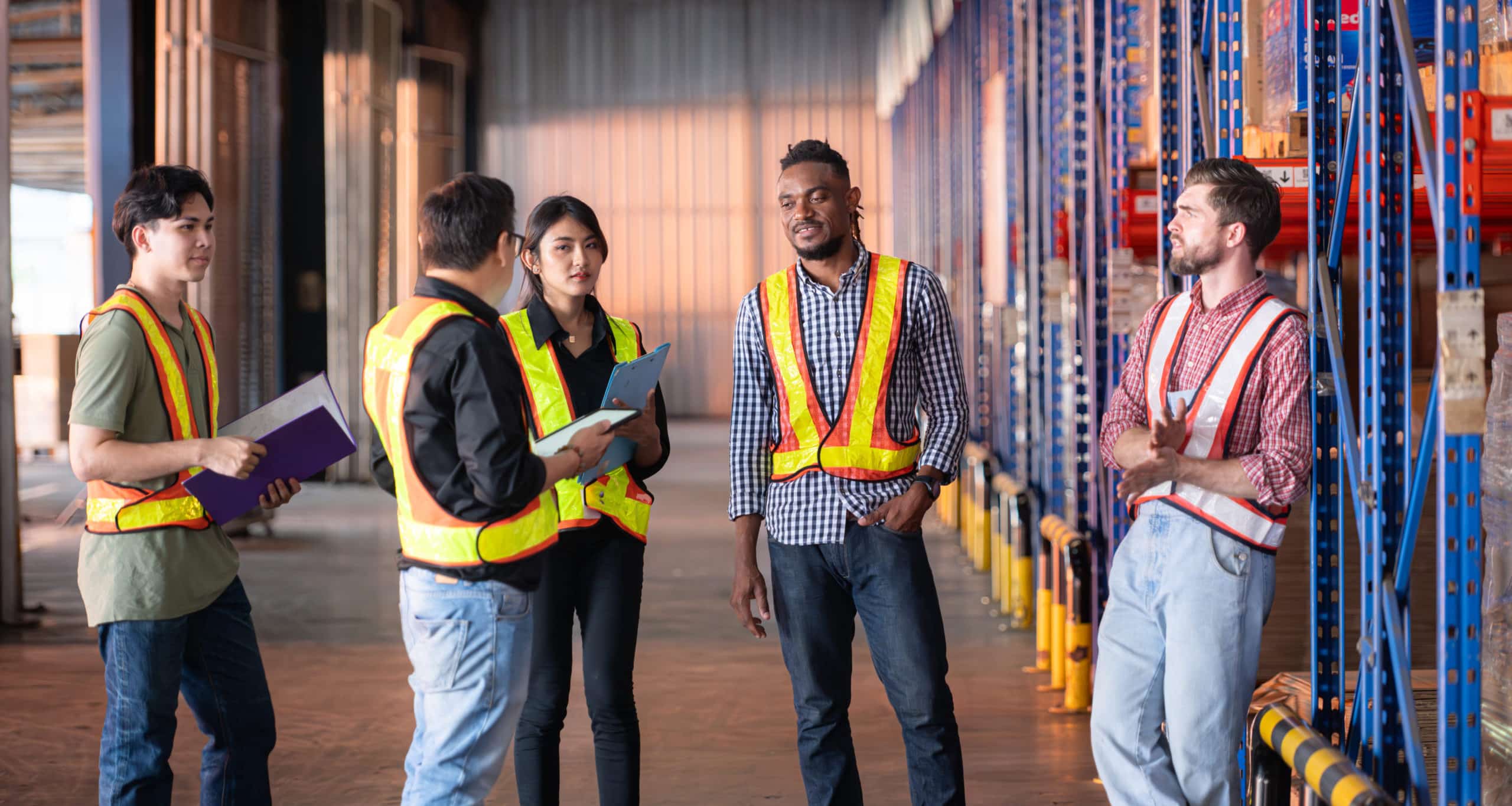 A group of warehouse employees, Inspecting products on warehouse shelves before they are sent to retailer