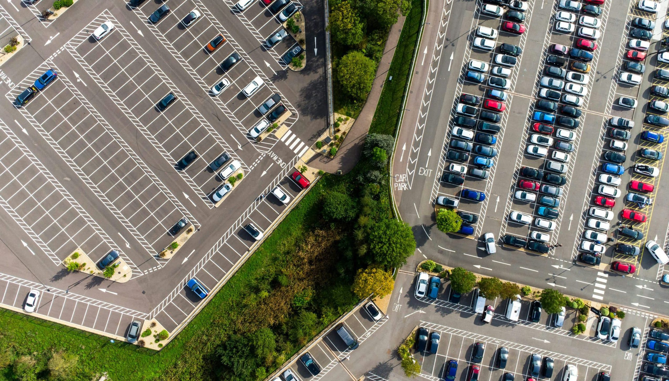 Aerial view of a car park with a range of vehicles