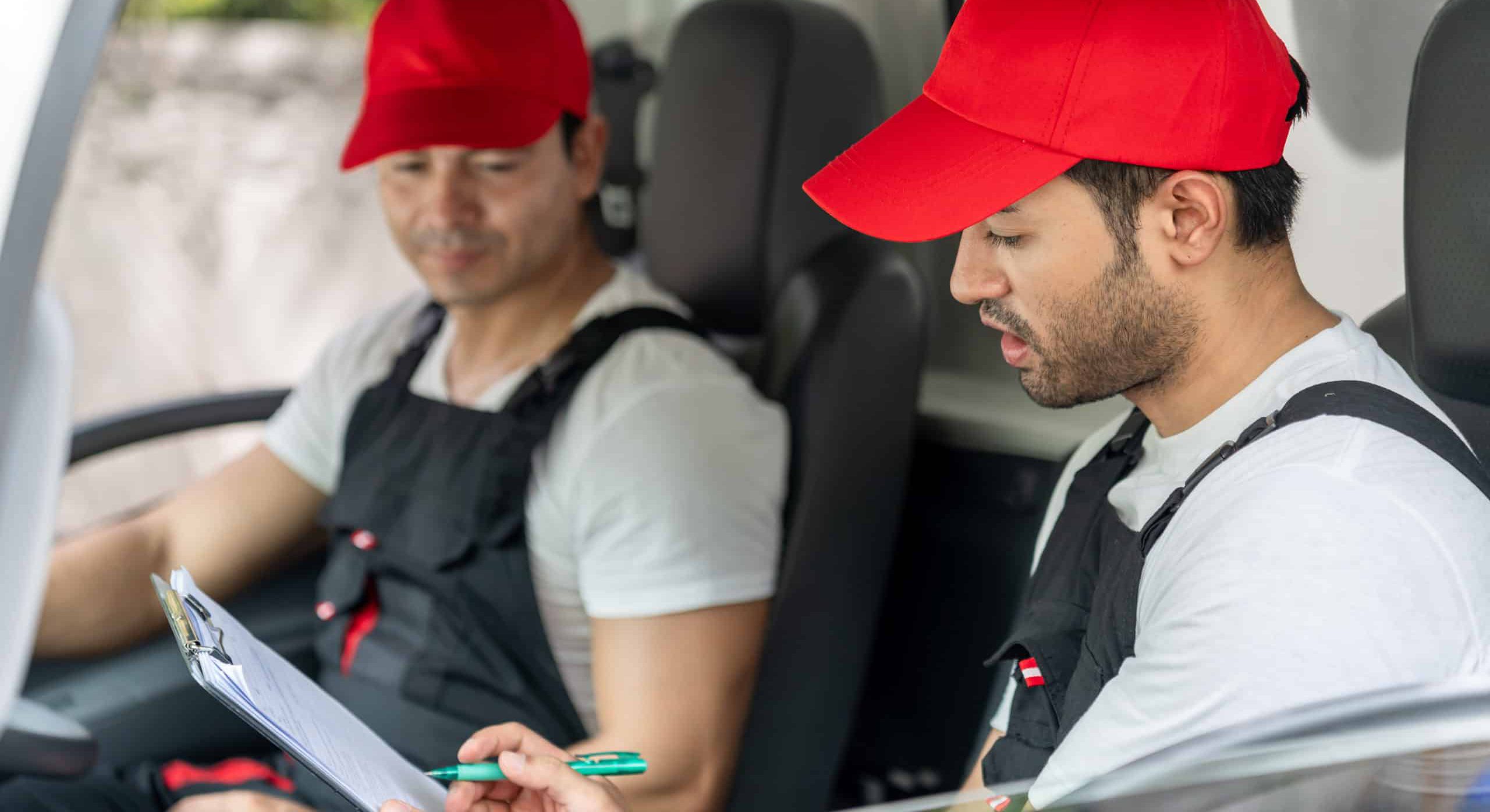 Delivery drivers in vehicle, one is taking notes and training the other