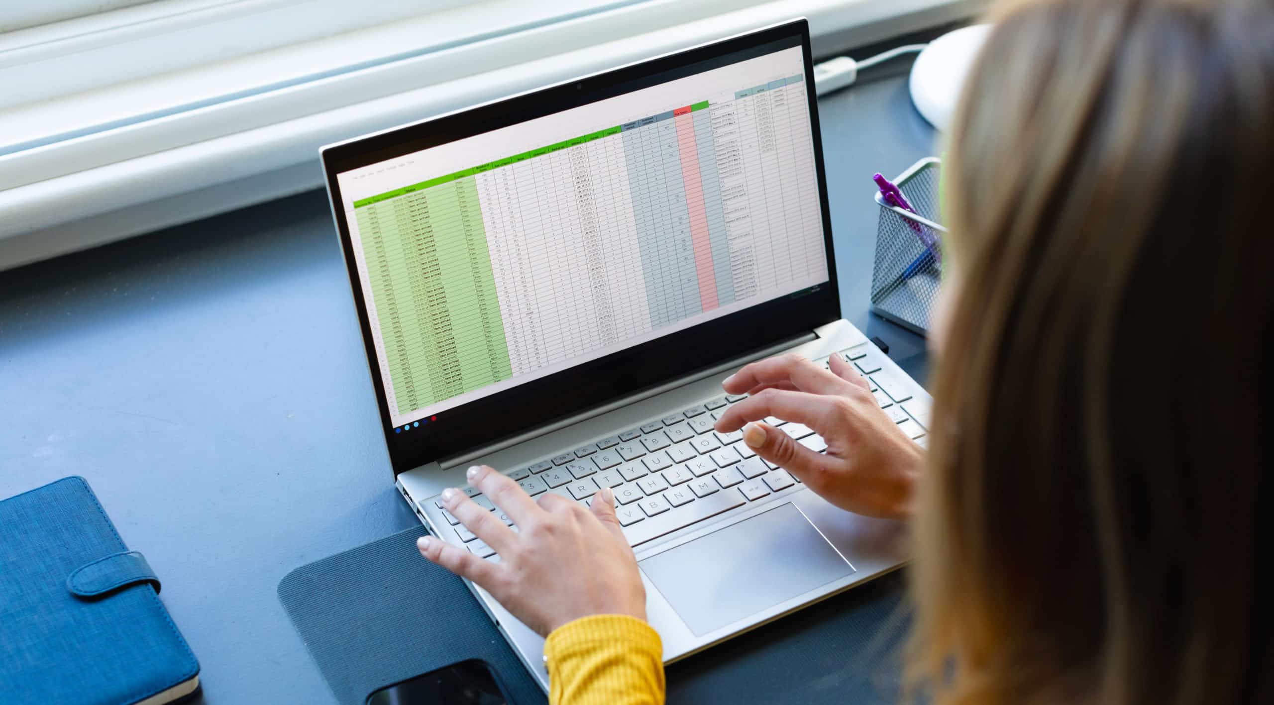 Woman sitting at laptop working on a large spreadsheet