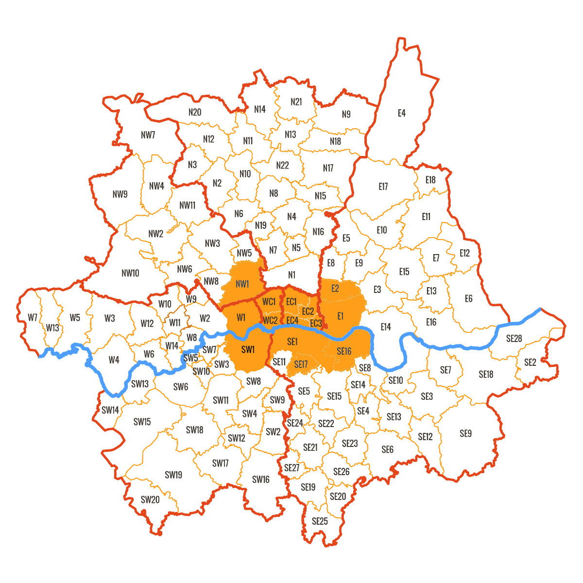 A map of zones with the centre highlighted orange and a blue line through the centre.