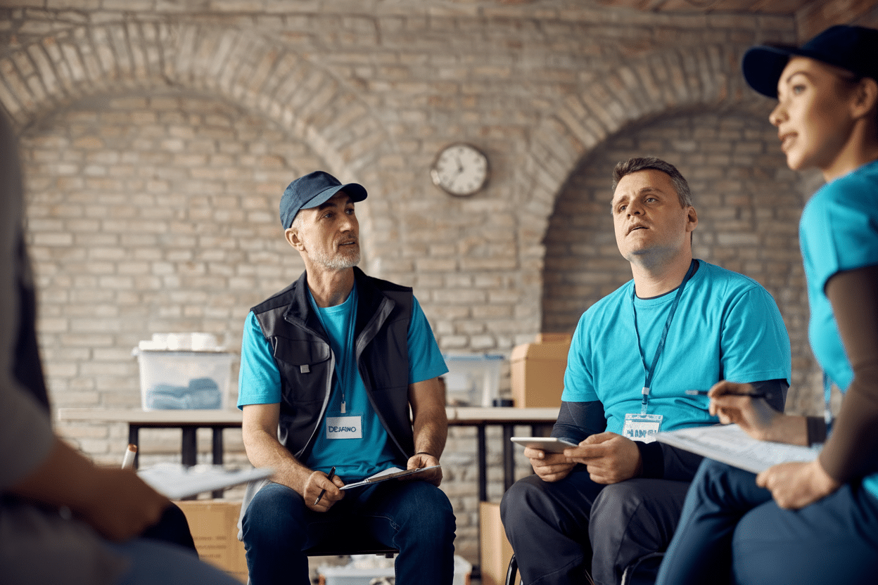 Group of delivery drivers in a meeting, with blue shirts on, having a difficult conversation about route optimisation integration