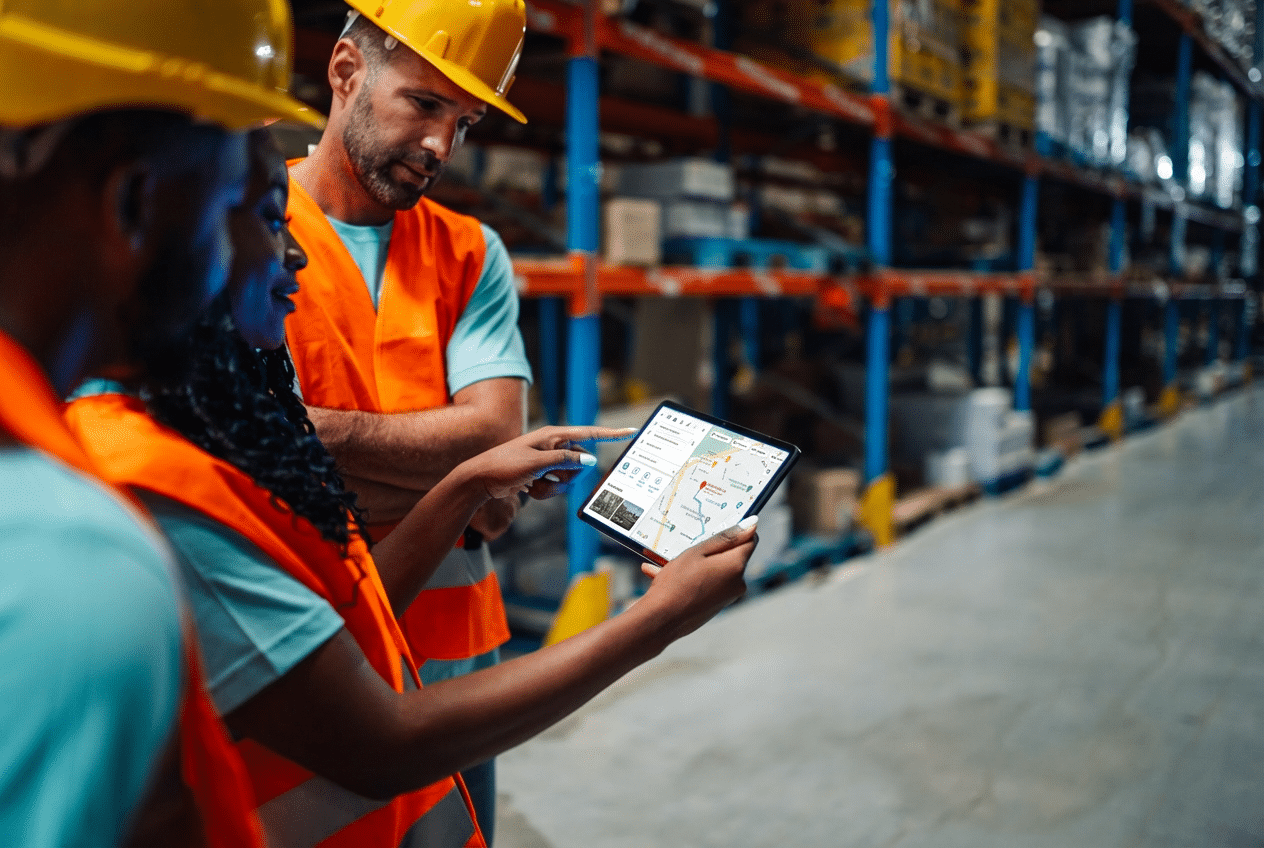 Warehouse workers huddled around an iPad screen looking at Google Maps route optimisation