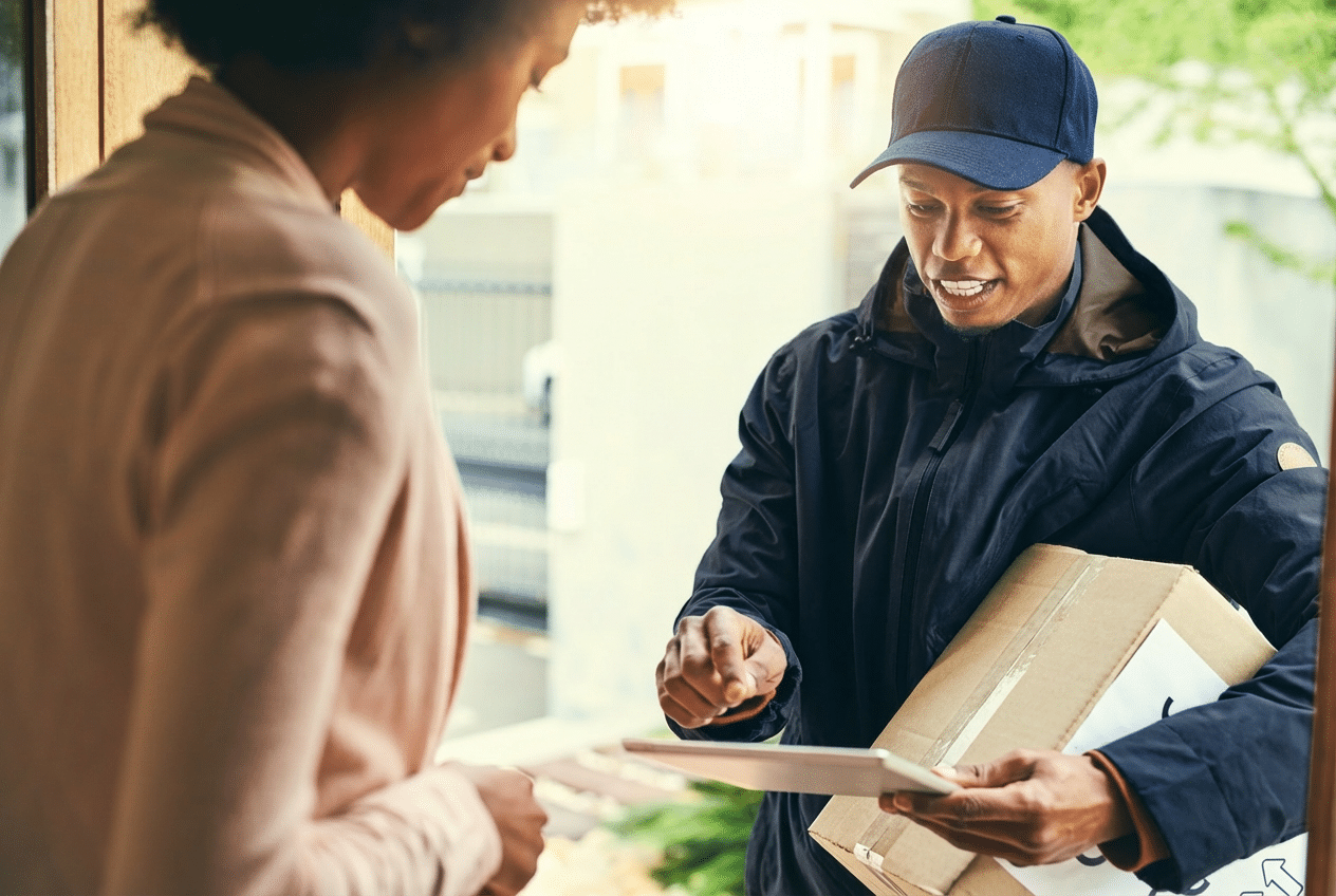 Delivery driver delivering a parcel to a happy customer using a tablet
