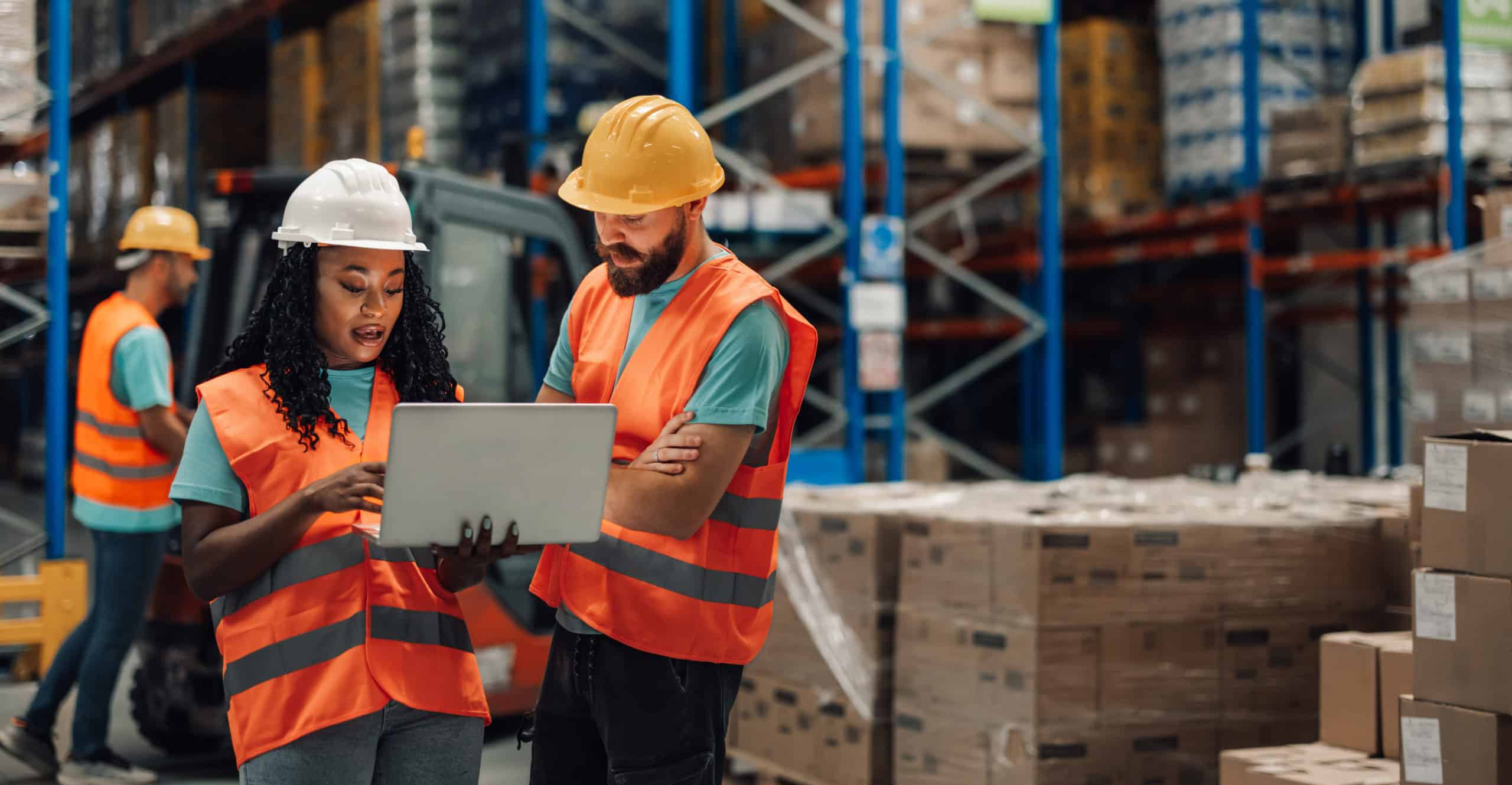 Inside a warehouse, a focused woman and a man wearing safety gear are reviewing laptop data among shelves, portraying organizational skills and a results-driven mindset.