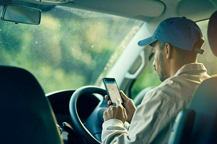 A man looks at his smartphone while sitting at the wheel of his vehicle.