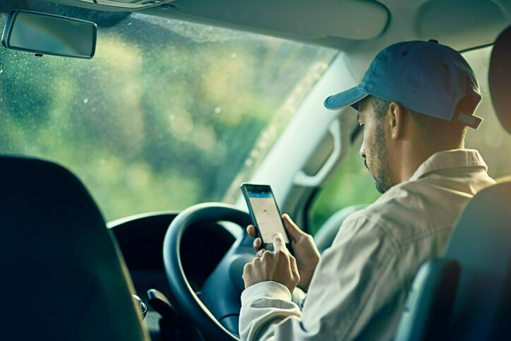 A man wearing a cap uses a smartphone at the wheel of a car