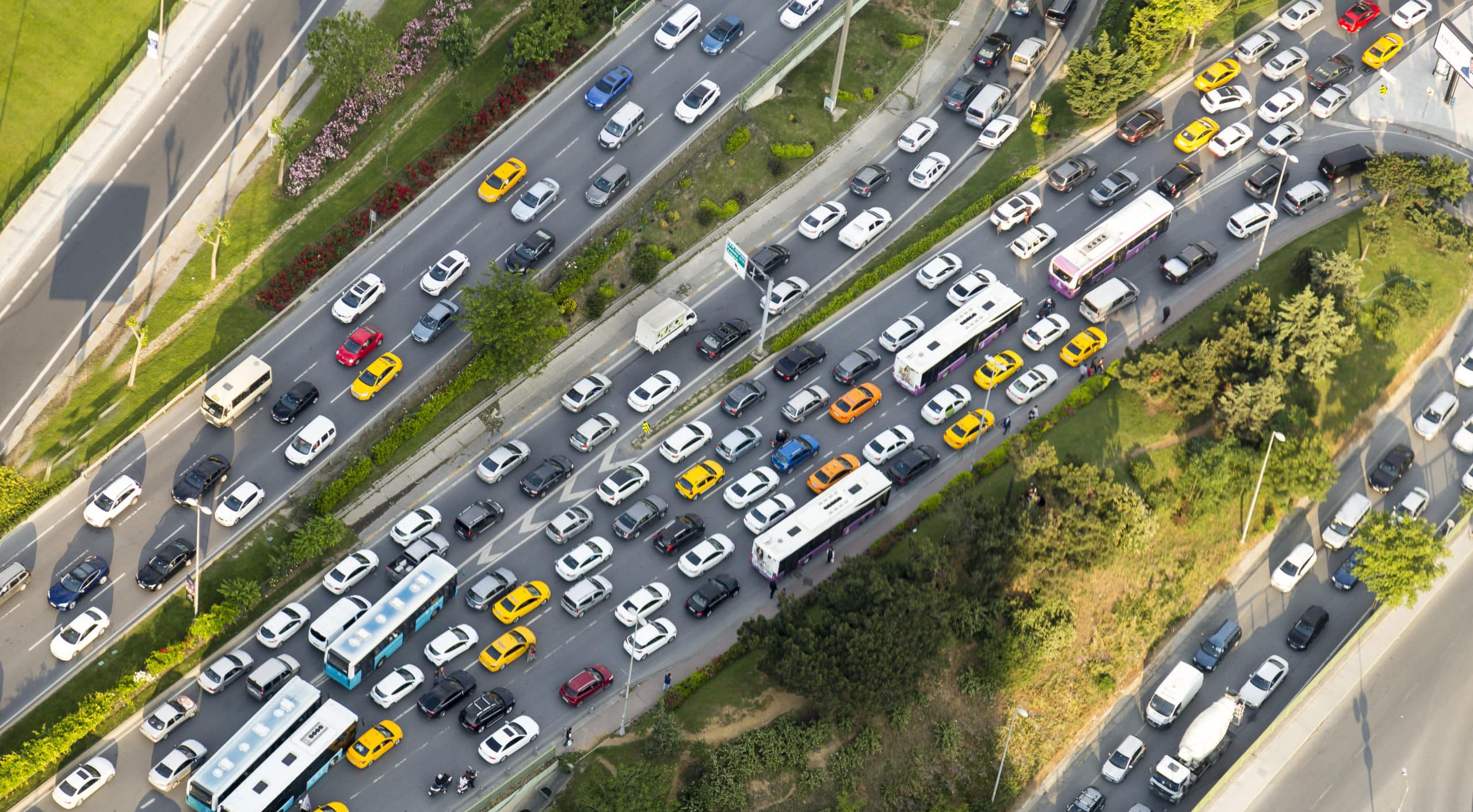 Birds eye view of busy traffic on motorways