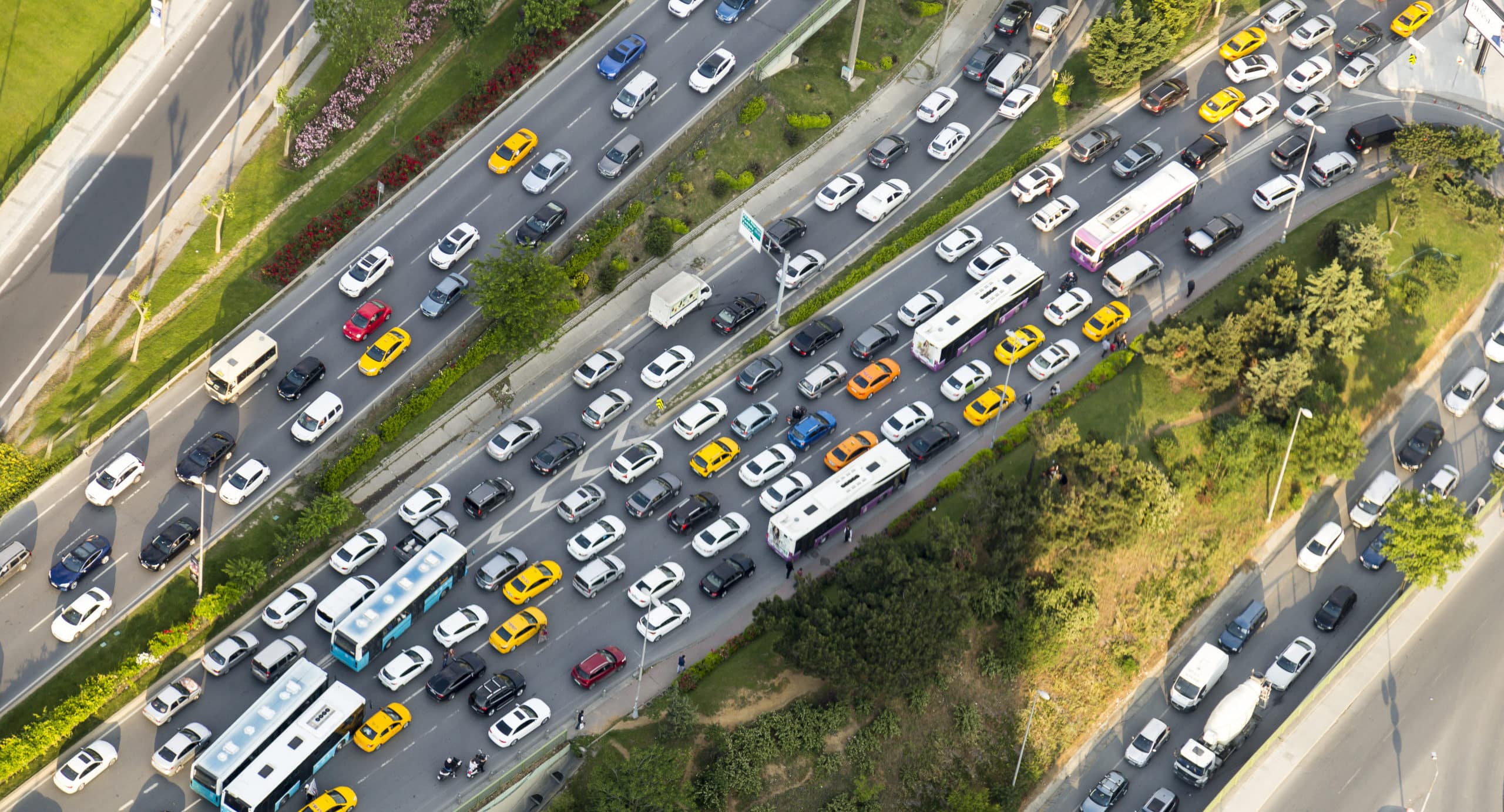 Aerial view of a traffic jam in summer