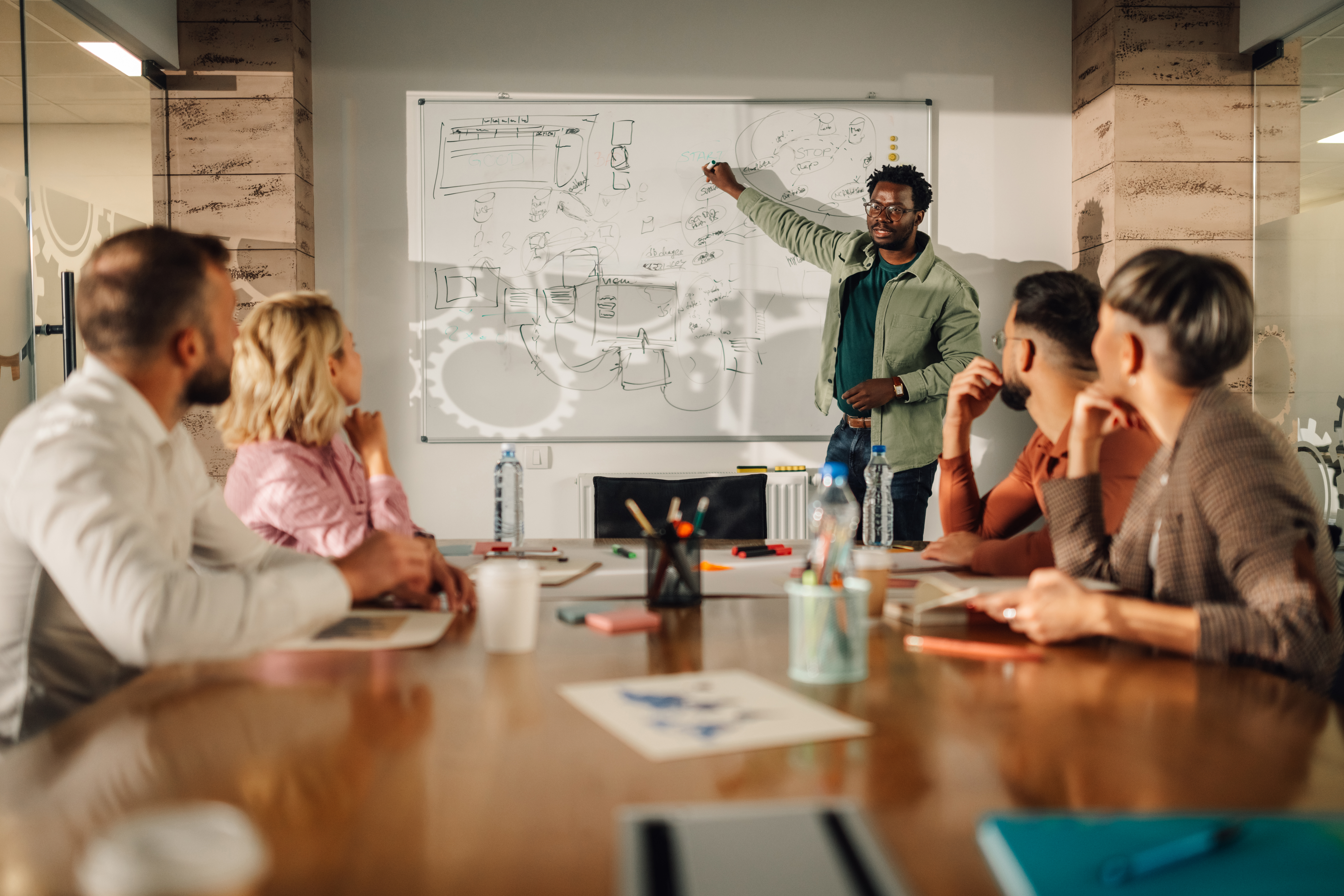 Team in office holding a planning meeting to discuss the future of the business with the support of route planning sofrware