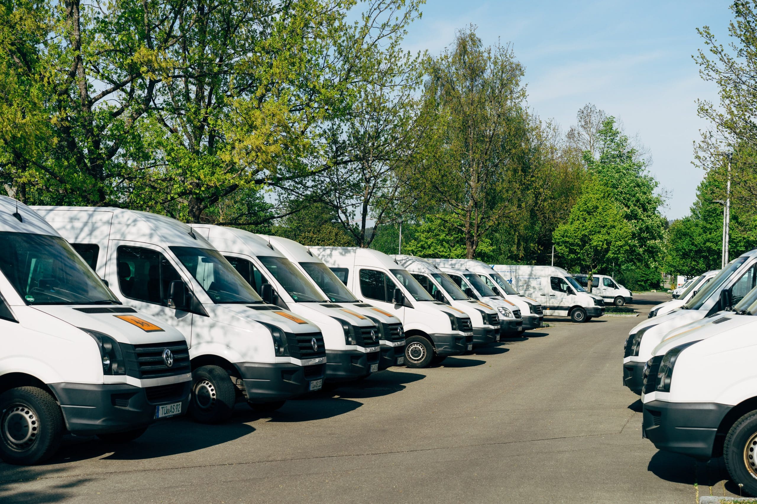 Side view of white delivery vans lined up, surrounded by trees