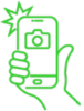 green hand holding a smartphone taking a photo icon