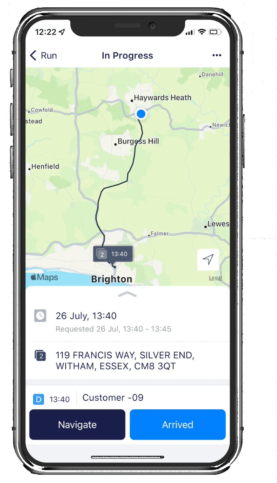 smartphone displaying an in progress route from Haywards Heath to Brighton on Maxoptra route optimisation software