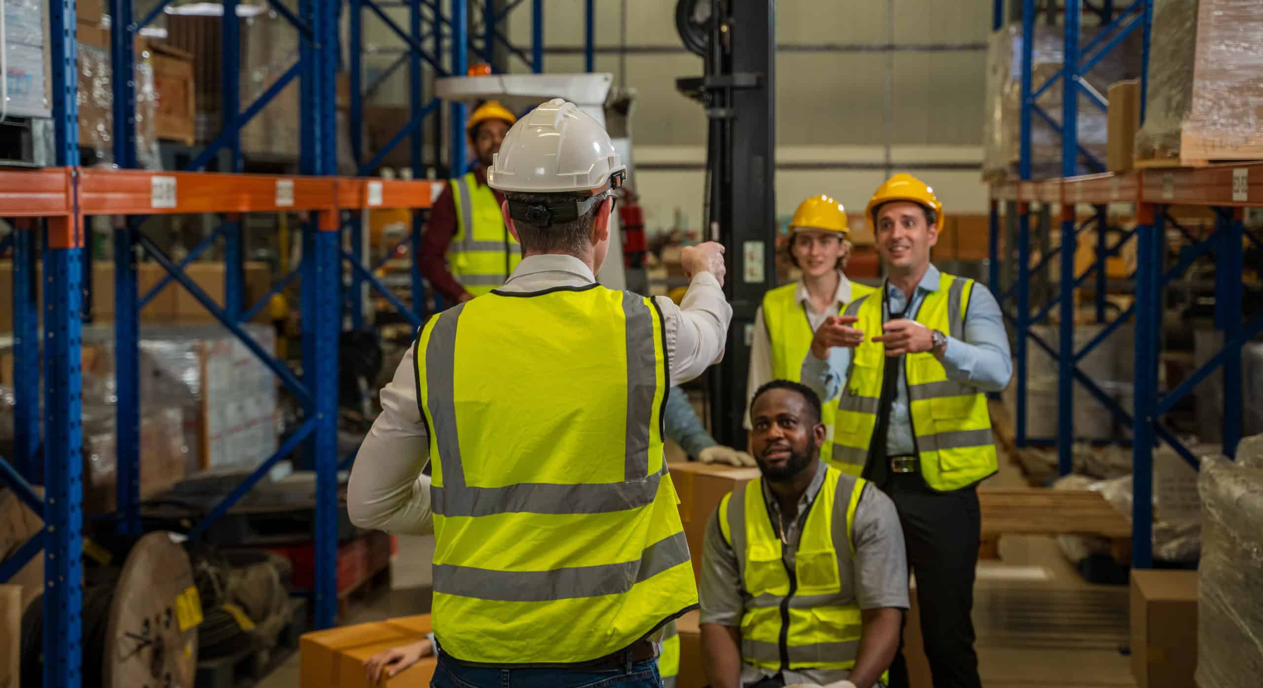 Warehouse workers in high vis jackets being trained on the warehouse floor