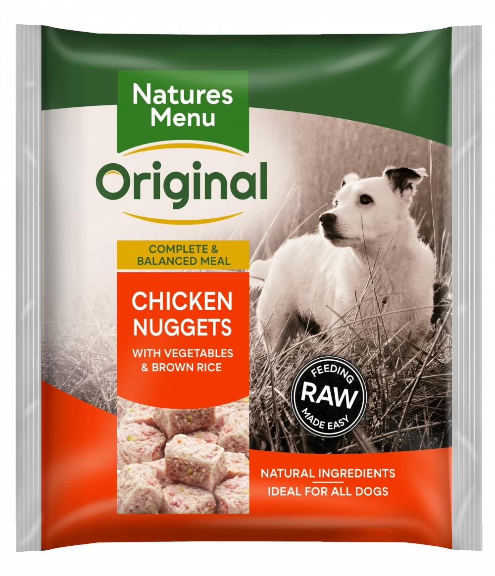 A close-up of a packet of Natures Menu Original dog food.