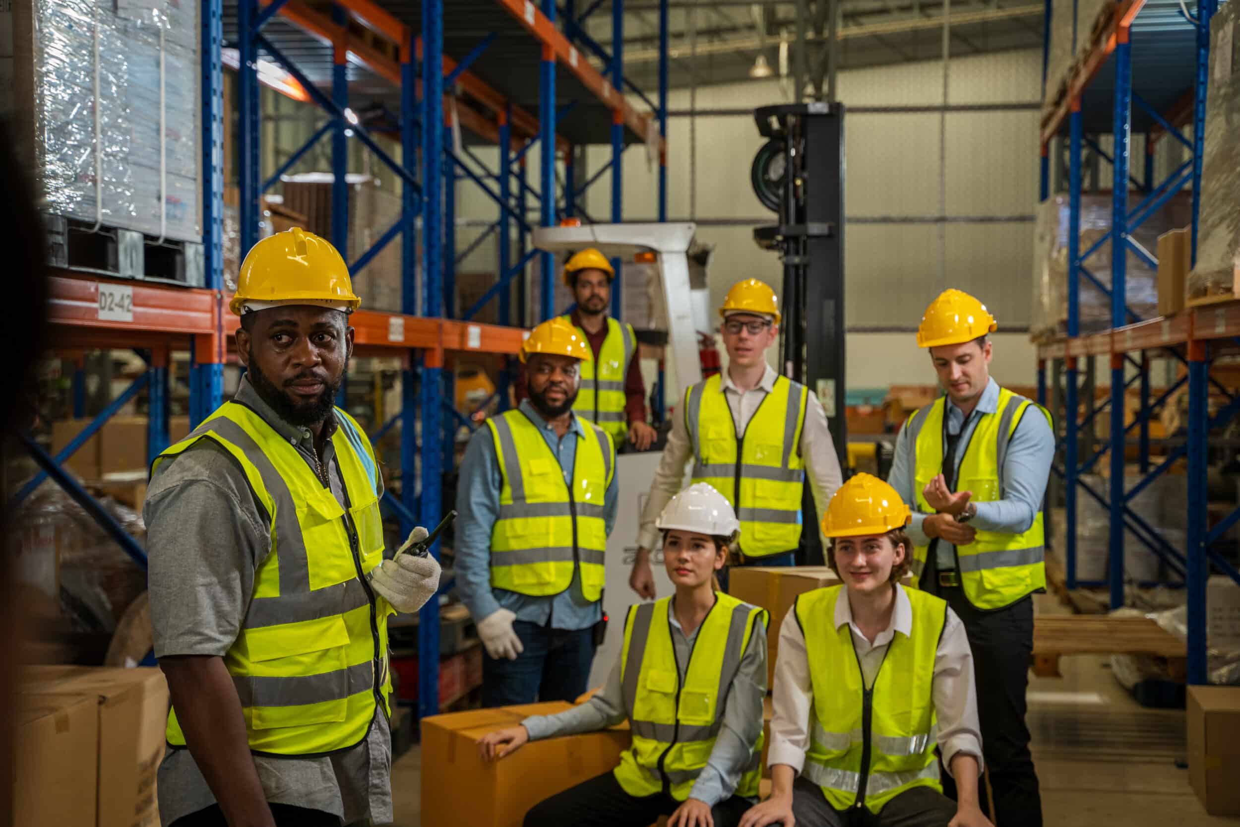 Team of warehouse workers sitting in warehouse, ready to be trained in route planning software