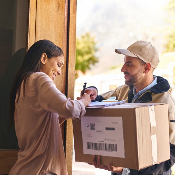 Happy customer signing for delivery from a delivery driver