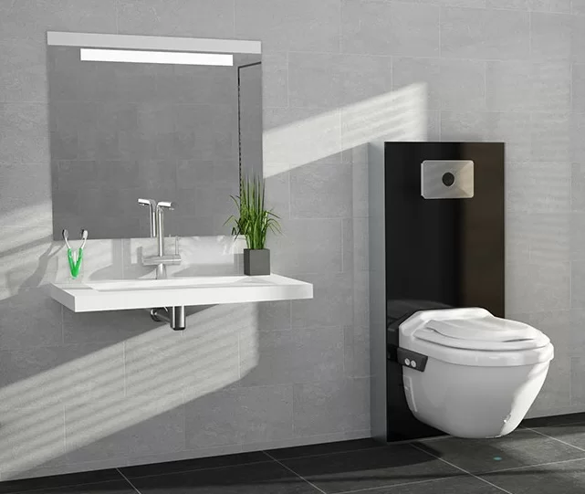 A contemporary bathroom with a toilet, sink and mirror.