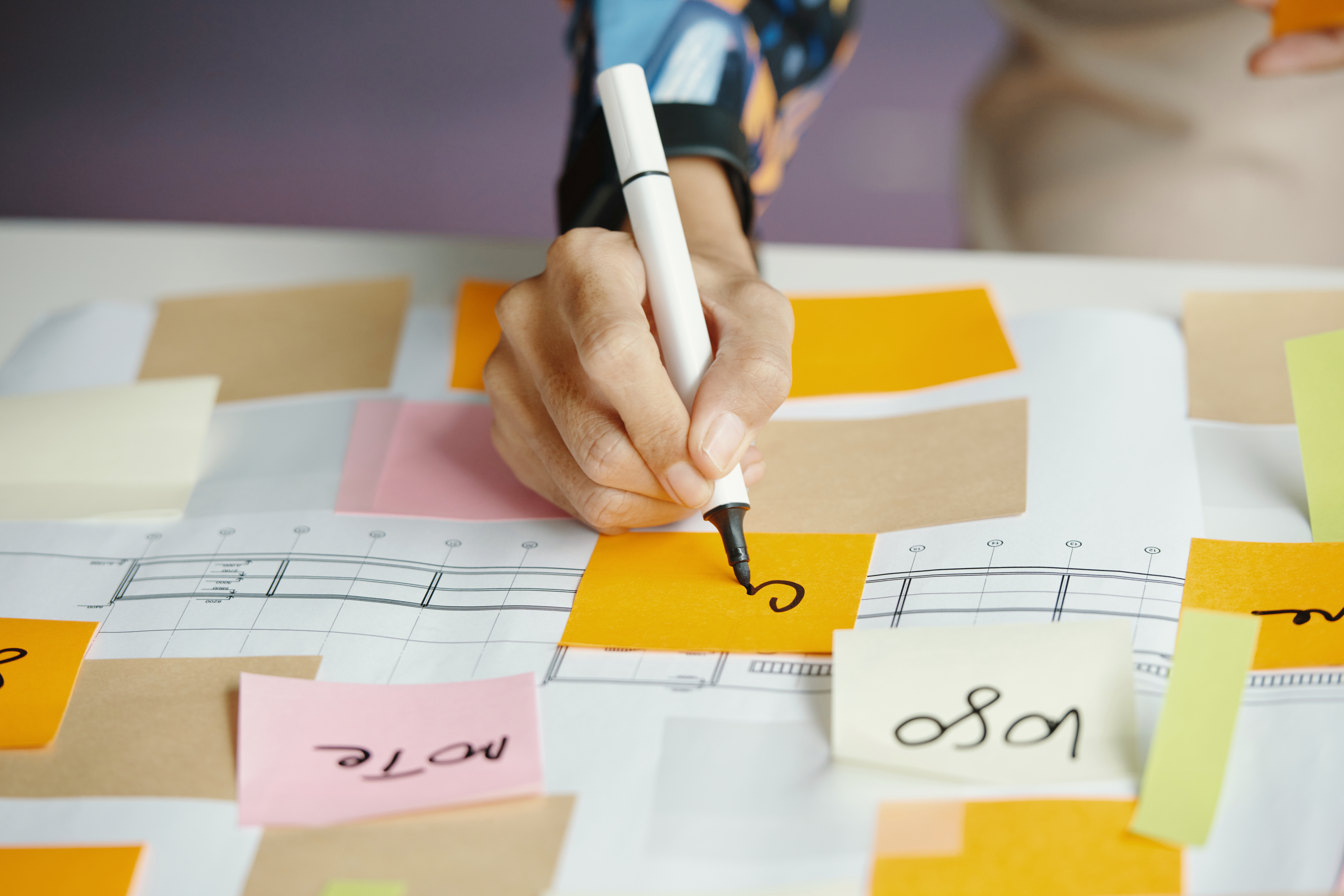 Person delivery route planning with paper and sticky notes