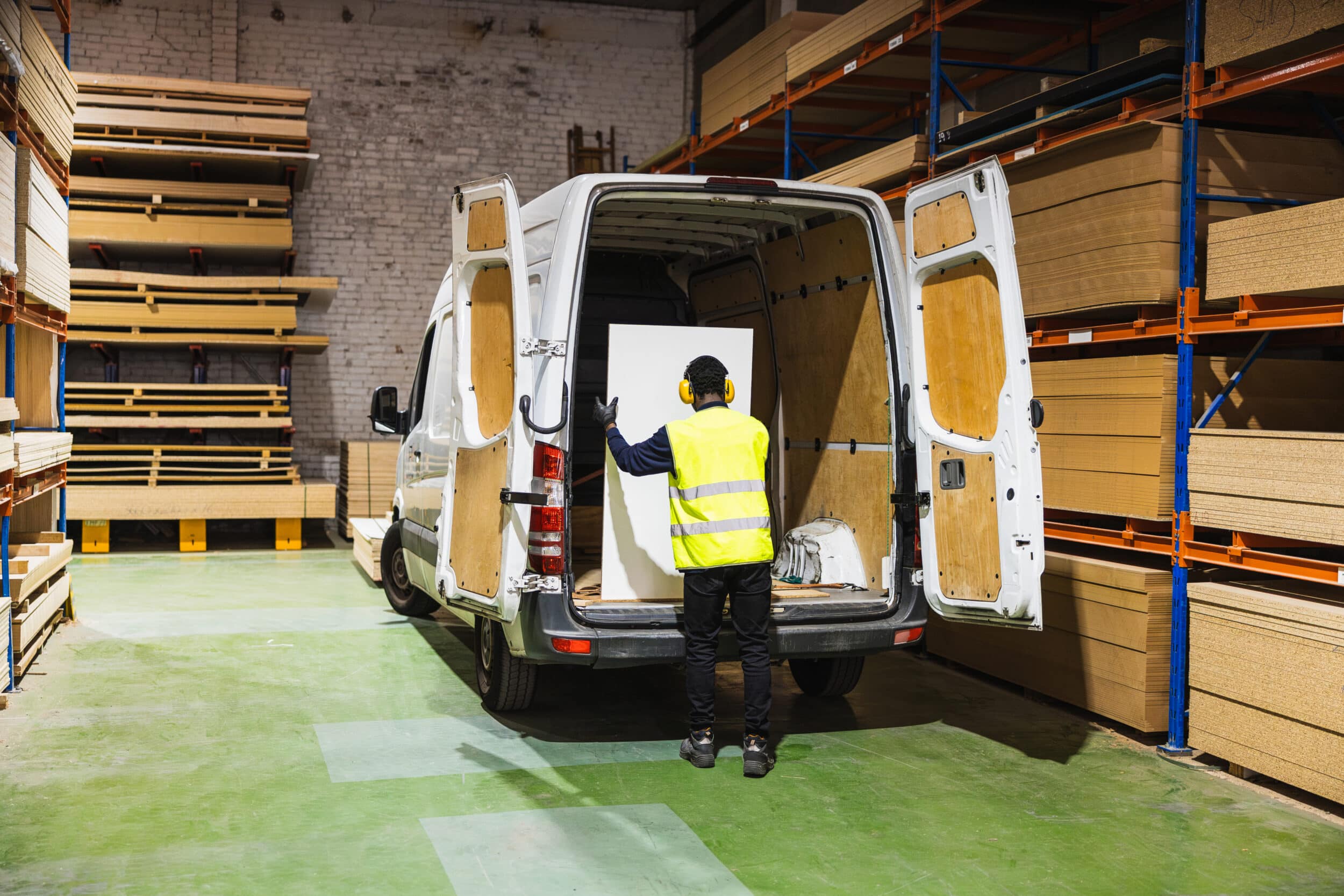 Warehouse worker loading items in a van for delivery